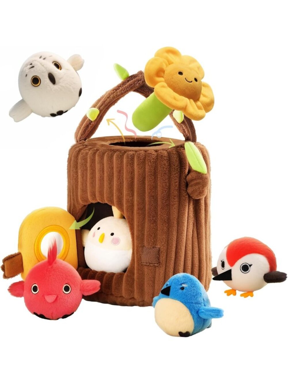 Surprise Tree Stump Toy with Birds, Rattle, Crinkle, Squeaker & Mirror | Soft